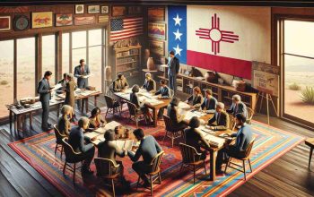 A high-definition, realistic image of a group of individuals, who are active in New Mexico's political sphere, preparing strategies, documents, and discussions to question the policies of an incoming administration. These individuals are gathered in a room laden with southwestern decor, reflecting the unique culture of New Mexico.