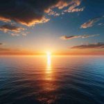 Realistic high-definition photo of a beautiful sunset over a vast ocean. The horizon line blends the orange hues of the setting sun with the blue expanse of the water. The sky is dotted lightly with clouds, painting a perfect picture of tranquility.