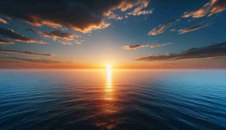 Realistic high-definition photo of a beautiful sunset over a vast ocean. The horizon line blends the orange hues of the setting sun with the blue expanse of the water. The sky is dotted lightly with clouds, painting a perfect picture of tranquility.