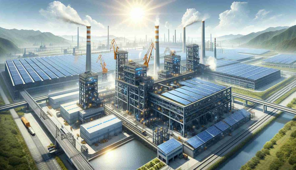 A high-definition, realistic representation of innovation in steel production through solar power. The scene includes a sprawling industrial landscape under a bright sun, with towering steel production facilities featuring solar panels on roofs and sprawling fields of solar farms. The steel factories are in operation, with cranes moving metal parts around. There are also visual indicators of the steel being produced using solar energy, such as detailed digital displays showing energy output and consumption.