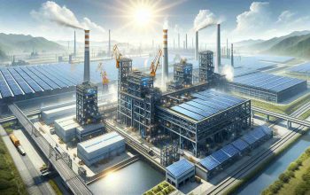 A high-definition, realistic representation of innovation in steel production through solar power. The scene includes a sprawling industrial landscape under a bright sun, with towering steel production facilities featuring solar panels on roofs and sprawling fields of solar farms. The steel factories are in operation, with cranes moving metal parts around. There are also visual indicators of the steel being produced using solar energy, such as detailed digital displays showing energy output and consumption.