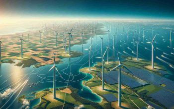 High-definition, realistic image showcasing Denmark's green energy expansion beyond borders. The picture should encapsulate elements like extensive wind farms against the backdrop of a clear blue sky, solar panels sprawling across vast fields, as well as undersea cables extending out to neighboring countries. Subtle indications of the geographically strategic location of Denmark in Europe could also be included in the vast panoramic view.