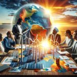 An HD photo symbolically showcasing the impact of renewable energy on global economics. In the image, a diverse group of professionals including an African woman as an energy analyst, a Middle-Eastern man as an economist, and a Caucasian man as a wind energy engineer, are engaged in a discussion over a table where reports and scale models of windmills and solar panels are displayed presenting a global map beneath them. A rising sun in the background signifies a promising future. Make the scene look realistic.