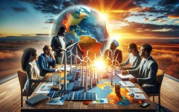 An HD photo symbolically showcasing the impact of renewable energy on global economics. In the image, a diverse group of professionals including an African woman as an energy analyst, a Middle-Eastern man as an economist, and a Caucasian man as a wind energy engineer, are engaged in a discussion over a table where reports and scale models of windmills and solar panels are displayed presenting a global map beneath them. A rising sun in the background signifies a promising future. Make the scene look realistic.