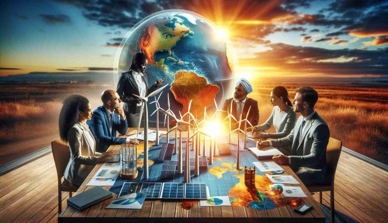 An HD photo symbolically showcasing the impact of renewable energy on global economics. In the image, a diverse group of professionals including an African woman as an energy analyst, a Middle-Eastern man as an economist, and a Caucasian man as a wind energy engineer, are engaged in a discussion over a table where reports and scale models of windmills and solar panels are displayed presenting a global map beneath them. A rising sun in the background signifies a promising future. Make the scene look realistic.