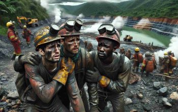 Realistic high-definition image depicting the health risks associated with mining, showing distressed miners in protective gear amidst harsh conditions. They are from diverse descents - an Hispanic male, a Caucasian female and a Black male. Also illustrate the environmental impact, with visible deforestation and polluted water bodies. To provide context, place this scene in the rugged terrains of the Congo, with the dense tropical rainforest in the background, partially stripped due to mining activities.