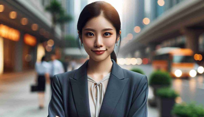 Realistic high-definition image of a rising star in the world of technology: a young Asian woman with a professional wardrobe, clever eyes, and an aura of innovative spirit.