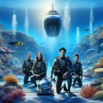 Generate a high-definition, realistic image of an imminent underwater exploration. At the forefront of the image, portray a diverse team of divers - one Caucasian female, a Hispanic male, and a South Asian female - in professional diving gear, ready to commence their expedition. The background should illustrate the entrance to an underwater ecological reserve; a vibrant underwater scene teeming with a variety of colourful marine life, coral reefs, and clear blue water that fades into the depths. Include a small, high-tech submarine in the mid-ground, symbolising advanced exploration technologies.