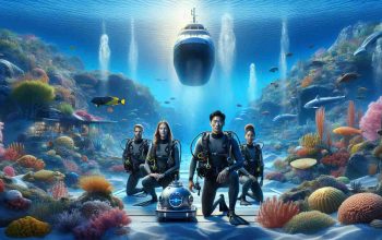 Generate a high-definition, realistic image of an imminent underwater exploration. At the forefront of the image, portray a diverse team of divers - one Caucasian female, a Hispanic male, and a South Asian female - in professional diving gear, ready to commence their expedition. The background should illustrate the entrance to an underwater ecological reserve; a vibrant underwater scene teeming with a variety of colourful marine life, coral reefs, and clear blue water that fades into the depths. Include a small, high-tech submarine in the mid-ground, symbolising advanced exploration technologies.