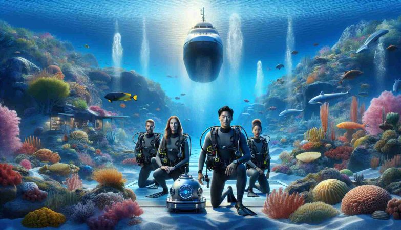 Generate a high-definition, realistic image of an imminent underwater exploration. At the forefront of the image, portray a diverse team of divers - one Caucasian female, a Hispanic male, and a South Asian female - in professional diving gear, ready to commence their expedition. The background should illustrate the entrance to an underwater ecological reserve; a vibrant underwater scene teeming with a variety of colourful marine life, coral reefs, and clear blue water that fades into the depths. Include a small, high-tech submarine in the mid-ground, symbolising advanced exploration technologies.