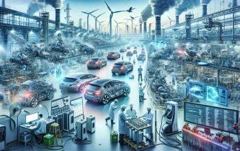 Generate a hyper-realistic, high-definition image showing the electric vehicle industry. The scene should capture elements indicative of flourishing growth, such as bustling factories manufacturing electric cars, charging stations spread across the landscape, engineers working meticulously on advanced electric engines, and stacks of electric batteries ready for distribution. Intertwined within the scene should also be symbols of political uncertainty - newspapers headlining policy changes, debates on television screens, subtly reflecting the challenging situation. Note that no specific politicians or public figures should be depicted.