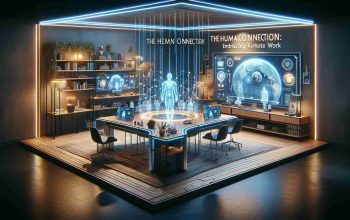 A high-definition, realistic image that depicts the concept of 'The Human Connection: Embracing Remote Work' with ideas inspired by an unnamed innovative thinker's approach. The scene includes a futuristic model of a workspace, featuring digital technology advancements such as holographic screens, virtual meetings and artificial intelligence support, set in a welcoming home environment. The image emphasizes the balance between technology and human touch in effective remote working.