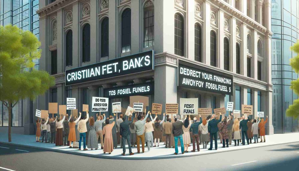 A realistic HD photo illustrating the scenario of various Christian groups urging banks to redirect their financing away from fossil fuels. Show a multi-cultural gathering of people of different descents such as Caucasian, Hispanic and Middle-Eastern, holding up placards and banners with messages alluding to environmental preservation and sustainable finance. This scene takes place outside a contemporary bank building on a clear day.