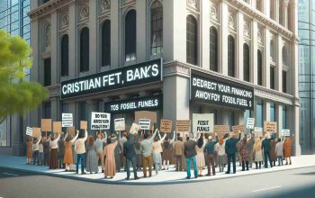 A realistic HD photo illustrating the scenario of various Christian groups urging banks to redirect their financing away from fossil fuels. Show a multi-cultural gathering of people of different descents such as Caucasian, Hispanic and Middle-Eastern, holding up placards and banners with messages alluding to environmental preservation and sustainable finance. This scene takes place outside a contemporary bank building on a clear day.