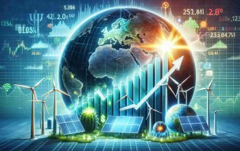 An HD depiction of the growth of the stock market driven by renewable energy innovations. The scene should contain various elements to convey this idea. Include a graph with a distinct upward trend to symbolize the stock market surge. This graph should be overlaid on a globe, to signify the global impact of these innovations. Surrounding the globe, portray different symbols of renewable energy like a bright, colorful wind turbine, a radiant solar panel, and an innovative hydroelectric plant. Display ticker tapes showing green energy stocks rising at the bottom of the image. Remember to make the image as realistic as possible.