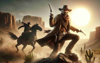 Render a high-definition, realistic image evoking the Wild West: The Outlaw Chronicles. Picture a desolate desert landscape under a blazing sun. Include a lone horse galloping, kicking up clouds of dust. Nearby, an outlaw of Caucasian descent with a weathered face, sharp eyes, and a grizzled beard, is hoisting himself onto a rocky outcrop, gripping a revolver in his right hand. He's dressed in classic Wild West attire, complete with a worn-out leather hat, bandana around his neck, and dusty boots. In his left hand, he showcases a worn-out map filled with mysterious symbols.