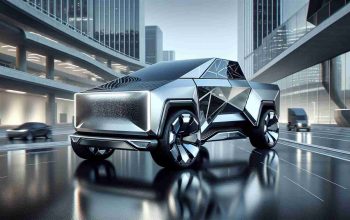 A high-resolution image capturing the futuristic design of an innovative electric pickup truck, showcasing its angular, geometric design and polished metallic body. The scene depicts the truck amidst a background of advanced city infrastructure, emphasizing its role in sustainable and advanced transportation.