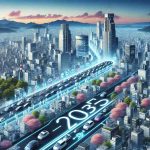 A high definition, realistic illustration representing Japan's proposed increase in electric vehicle adoption by 2035. The image features a futuristic Japanese cityscape, bustling with people of various genders and descents such as South Asian, Hispanic, Middle-Eastern and Caucasian. The city is filled with both conventional and electric vehicles, but a thin, bold line in the middle indicates a transition with a dominance of electric vehicles on one side indicating '2035'. Sustainability, progress and technological innovation are themes conveyed by the symbols and visual metaphors present in the image.