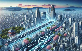 A high definition, realistic illustration representing Japan's proposed increase in electric vehicle adoption by 2035. The image features a futuristic Japanese cityscape, bustling with people of various genders and descents such as South Asian, Hispanic, Middle-Eastern and Caucasian. The city is filled with both conventional and electric vehicles, but a thin, bold line in the middle indicates a transition with a dominance of electric vehicles on one side indicating '2035'. Sustainability, progress and technological innovation are themes conveyed by the symbols and visual metaphors present in the image.