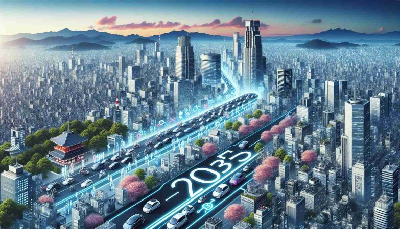 A high definition, realistic illustration representing Japan's proposed increase in electric vehicle adoption by 2035. The image features a futuristic Japanese cityscape, bustling with people of various genders and descents such as South Asian, Hispanic, Middle-Eastern and Caucasian. The city is filled with both conventional and electric vehicles, but a thin, bold line in the middle indicates a transition with a dominance of electric vehicles on one side indicating '2035'. Sustainability, progress and technological innovation are themes conveyed by the symbols and visual metaphors present in the image.