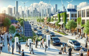 A high-definition, realistic depiction of an urban scene in Ballan showcasing the availability of efficient energy solutions. This includes solar panels on rooftops, wind turbines in the distance, and electric charging stations for vehicles. People are going about their day, with a balance of men and women of varied descents like Caucasian, Hispanic, Black, Middle-Eastern, and South Asian. The streets are filled with eco-friendly electric cars and the blue sky above hints at a healthier environment as a result of these solutions.