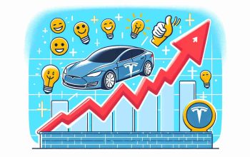 Illustration of a rising graph with the logo of an electric vehicle company instead of Tesla. The graph is positioned in such a way to depict its upward trend, demonstrating a surge in their stock values. Around it, signs of optimism are shown: smiley faces, thumbs up signs, and lightbulbs symbolizing ideas and innovation. Please also include a headline that reads 'Stock Surges Amid Optimism for Electric Vehicles'.