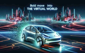 A highly detailed, realistic depiction of the renowned electric car manufacturer transitioning into the realm of virtual reality. In the foreground, there's a high-definition image of an electric car, noticeably modern in design, morphing into bits of digital data. The background features an expansive, neon-illuminated virtual landscape with futuristic buildings, indicating the virtual world. The phrase 'Bold Move Into the Virtual World' is illuminated in bold, glowing letters in the sky above.