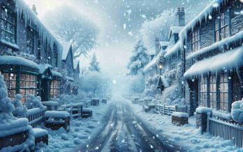 Generate a realistic, high-definition image depicting an arctic blast bringing snow and ice to the United Kingdom. The scene should be a winter wonderland, with heavy snowflakes falling from the sky, coating the landscape. Buildings and trees are covered in a thick layer of snow, while icicles hang from rooftops. The streets are glazed with ice, leading to an icy sheen. It's a typical cold, wintry day in the UK.