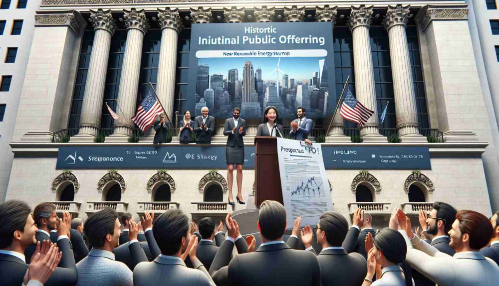 A high-definition, realistic image depicting an important occasion. A new renewable energy startup is marking its historic initial public offering (IPO) launch. The scene includes a diverse group of company representatives - the CEO, an East Asian woman; the CFO, a Middle Eastern man; and the CTO, a Hispanic man. They are standing outside the building of a stock exchange, under a banner announcing the IPO launch. Excitement is palpable as employees and investors are gathered around, applauding. The CEO holds a microphone, giving a speech while the CFO and CTO proudly display the prospectus sheet with the company's logo on it.