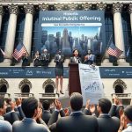 A high-definition, realistic image depicting an important occasion. A new renewable energy startup is marking its historic initial public offering (IPO) launch. The scene includes a diverse group of company representatives - the CEO, an East Asian woman; the CFO, a Middle Eastern man; and the CTO, a Hispanic man. They are standing outside the building of a stock exchange, under a banner announcing the IPO launch. Excitement is palpable as employees and investors are gathered around, applauding. The CEO holds a microphone, giving a speech while the CFO and CTO proudly display the prospectus sheet with the company's logo on it.