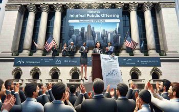 A high-definition, realistic image depicting an important occasion. A new renewable energy startup is marking its historic initial public offering (IPO) launch. The scene includes a diverse group of company representatives - the CEO, an East Asian woman; the CFO, a Middle Eastern man; and the CTO, a Hispanic man. They are standing outside the building of a stock exchange, under a banner announcing the IPO launch. Excitement is palpable as employees and investors are gathered around, applauding. The CEO holds a microphone, giving a speech while the CFO and CTO proudly display the prospectus sheet with the company's logo on it.