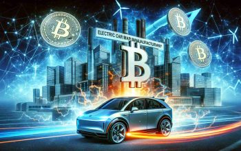 A high definition image illustrative of a major electric car manufacturing company experiencing a substantial surge in wealth due to investments in Bitcoin. The image could include elements like the company's logo, an electric car, and Bitcoin symbols to represent the subject matter.