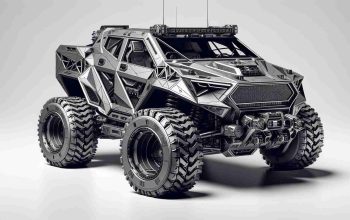 Generate a hyper-realistic, high-definition image of a futuristic, rugged, utility vehicle. It should have unique geometric design elements suggestive of industry-leading technological innovation. The vehicle should be void of any branding or specific logos.