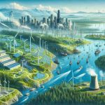 Generate an ultra high-definition, realistic illustration that showcases the transformation of Washington State's energy landscape due to emerging technologies. The scene should visually represent newer, sustainable energy sources such as wind turbines, solar panels, and hydroelectric dams replacing traditional energy sources like coal mines and gas rigs. The foreground should depict the green forests and clear rivers of Washington State, and the backdrop should show a city skyline with buildings using this clean energy. An innovative overall theme should be present to highlight the technological advancements.