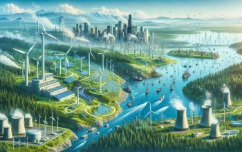 Generate an ultra high-definition, realistic illustration that showcases the transformation of Washington State's energy landscape due to emerging technologies. The scene should visually represent newer, sustainable energy sources such as wind turbines, solar panels, and hydroelectric dams replacing traditional energy sources like coal mines and gas rigs. The foreground should depict the green forests and clear rivers of Washington State, and the backdrop should show a city skyline with buildings using this clean energy. An innovative overall theme should be present to highlight the technological advancements.