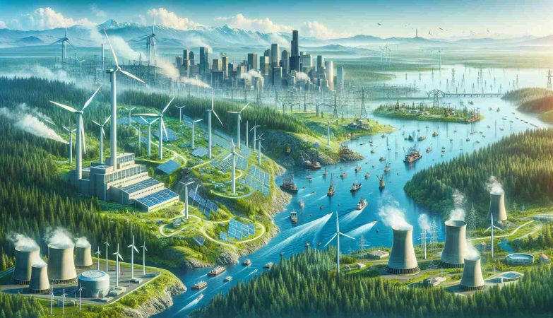 Generate an ultra high-definition, realistic illustration that showcases the transformation of Washington State's energy landscape due to emerging technologies. The scene should visually represent newer, sustainable energy sources such as wind turbines, solar panels, and hydroelectric dams replacing traditional energy sources like coal mines and gas rigs. The foreground should depict the green forests and clear rivers of Washington State, and the backdrop should show a city skyline with buildings using this clean energy. An innovative overall theme should be present to highlight the technological advancements.