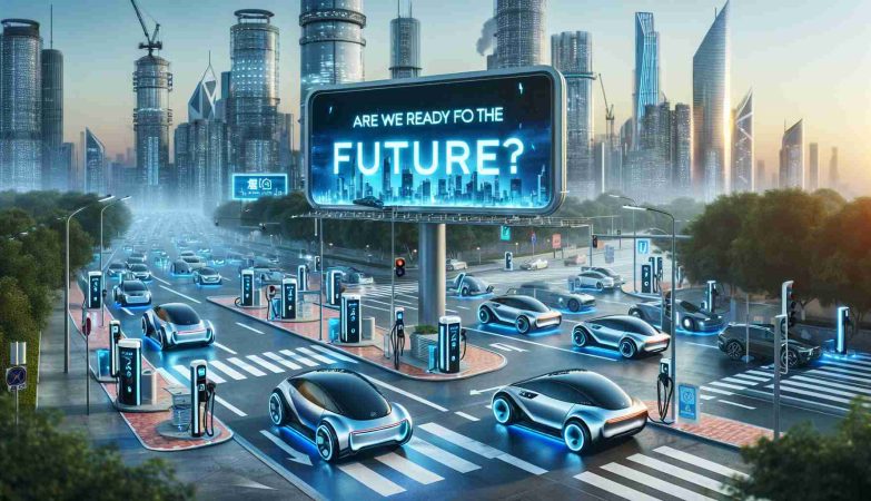 An HD image showing a realistic scenario of the future where electric cars have taken over. The scene is filled with various futuristic electric cars buzzing around in a smart cityscape. Digital billboards flash the question 'Are We Ready for the Future?'. There are charging stations visible on every corner, showing the availability and convenience of owning electric vehicles. The skyline is clean, without smoke or emissions, reflective of a cleaner environment facilitated by the endorsement of electric mobility.