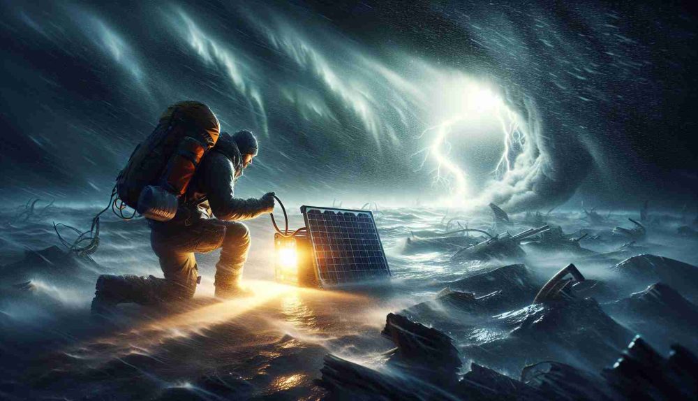 A high-definition, realistic image depicting the concept of surviving a storm. This could be captured in a scene where someone, wearing suitable survival gear in the midst of a raging storm, stumbles upon a surprising power solution. The power solution might be as simple as a solar-powered device or a wind-powered generator, illuminated in such a way to suggest an unexpected source of warmth and light among the dark and turbulent surroundings.