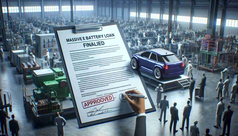 A realistic high definition image demonstrating the concept of a 'Massive EV Battery Loan Finalized'. It could conceptually showcase official paperwork with the title 'EV Battery Loan' and an approved stamp. Accompanied by this, a background depicting an advanced manufacturing industry with people of diverse ethnicities and genders working enthusiastically. The setting should display the auspicious beginning of a new era in American manufacturing. Please refrain from including logos, brand names or any identifiable markers.