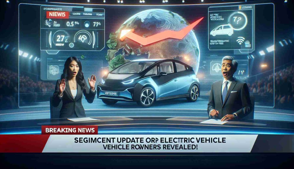 A realistic high definition image representing the concept of a major update for the owners of electric vehicles. The scene looks like a breaking news session on a news channel, with the headline 'Significant Update for Electric Vehicle Owners Revealed!' displayed on screen. The atmosphere is filled with anticipation and excitement as the newscasters, a South Asian woman and a Hispanic man, deliver the update with a shocked expression. In the background, there's an interpretation of the digital dashboard of an electric car showing transformative new features.