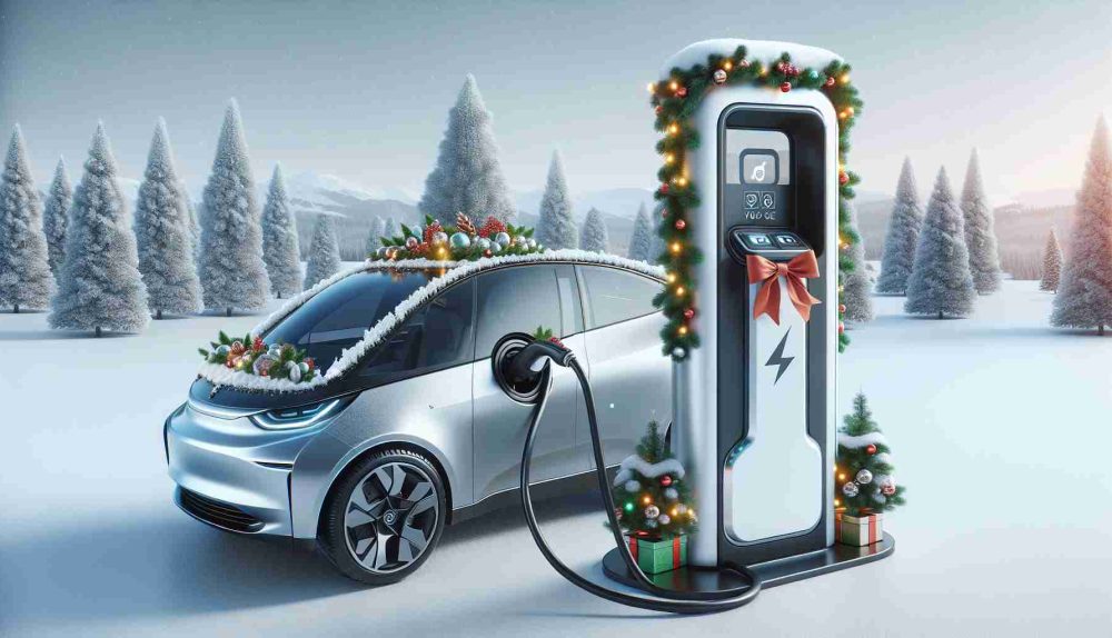 High-definition, realistic image of a new innovation in electric vehicle charging technology by a well-known electric car manufacturer. This charging station revolutionizes travel plans and is perfect for the holiday season. Display a festive-themed charger, possibly adorned with holiday decorations, and charging a sleek, modern electric vehicle in a winter setting.