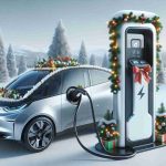 High-definition, realistic image of a new innovation in electric vehicle charging technology by a well-known electric car manufacturer. This charging station revolutionizes travel plans and is perfect for the holiday season. Display a festive-themed charger, possibly adorned with holiday decorations, and charging a sleek, modern electric vehicle in a winter setting.