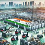 Generate a realistic HD image of a significant event representing the revolution in India's Electric Vehicle (EV) market. Show the arrival of local battery production with the image depicting a bustling factory with employees actively working on producing batteries. Include visuals of India-specific elements, like the flag or landmark, to indicate the geographical setting. No people should be visible in the image.