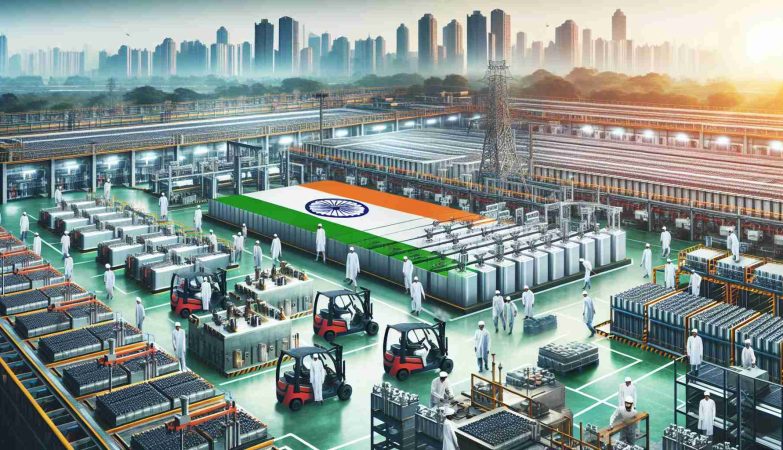 Generate a realistic HD image of a significant event representing the revolution in India's Electric Vehicle (EV) market. Show the arrival of local battery production with the image depicting a bustling factory with employees actively working on producing batteries. Include visuals of India-specific elements, like the flag or landmark, to indicate the geographical setting. No people should be visible in the image.