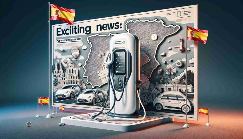 A high-definition, realistic image displaying the headline 'Exciting News: Pod Point Launches in Spain!' The image features an attractive backdrop similar to an official announcement flyer. It includes elements related to Spain, such as a silhouette of Spain's map, Spain's flag fluttering in the background, and popular Spanish landscapes. In the foreground, there should be a stylized incarnation of a Pod Point charging station to convey the message behind the headline. The overall design is lively and creates a sense of excitement and anticipation.