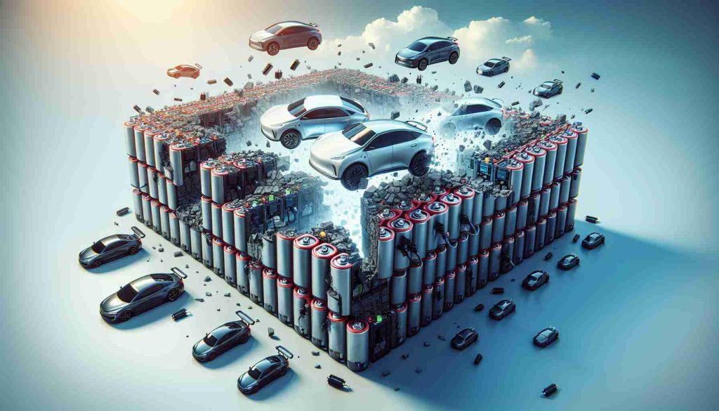 Create a high-definition, realistic image representing the concept of the 'Electric Vehicle Boom'. Depict a large barrier made of traditional car batteries being broken through or overcome by modern, sleek electric vehicles. This image should symbolize the transition from traditional fuel to battery-powered transportation. Include hints of technological advancement and futuristic design elements to signify the coming of new, innovative solutions in the EV industry.