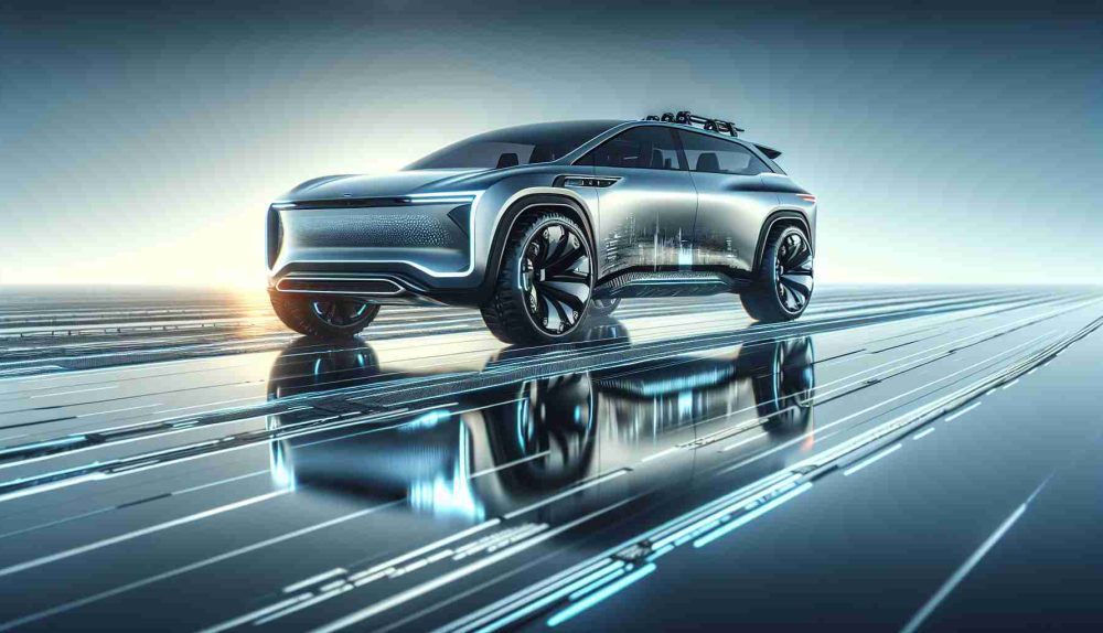 An ultra high-definition realistic illustration of a futuristic Sport Utility Vehicle (SUV) from an innovative automaker. The SUV is portrayed taking a bold step towards the future, mirroring advanced technologies and sustainable solutions. The vehicle stands against an expansive backdrop, subtly highlighting its pioneering spirit and audacious strides in technology. Generate the image in a style that makes viewers anticipate the future of automobile transportation.