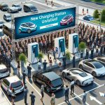 A high-quality realistic image of a surprising event for electric vehicle drivers. The scene features the unveiling of new charging stations, with a large crowd gathered around. Different types of electric vehicles are parked nearby, waiting to be charged. A sign officiating the grand opening is seen in the background, reading, 'New Charging Station Unveiled!'. People of varying genders, ages, and descents are in the crowd, expressing excitement and anticipation.