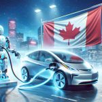 Visualize a revolutionary scenario where a Canadian startup has unveiled an advanced robotic system for electric vehicle charging. The image should capture a crisp, high-definition look at this innovative scene. The robotic technology is sleek, state-of-the-art, and autonomously interacting with an electric vehicle, providing it power. Incorporate elements of the Canadian flag or other well-known symbols to emphasize the origin of the technology. The atmosphere is bubbling with excitement and a sense of a significant leap forward in the electric vehicle industry.