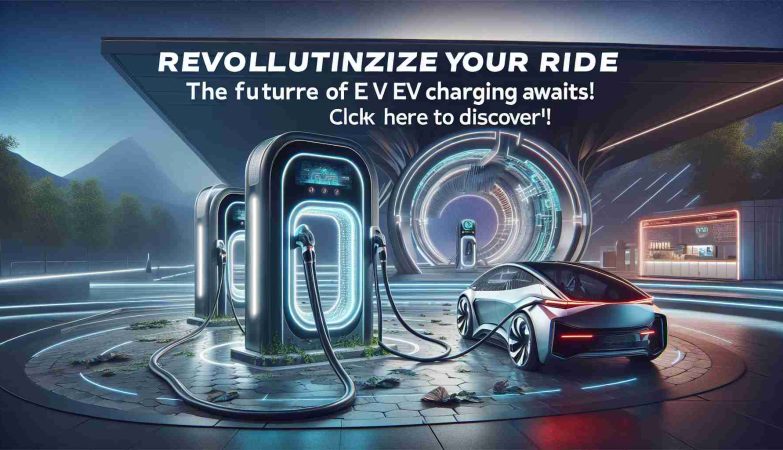 A realistic and high-definition image depicting a cutting-edge scene of electric vehicle charging, symbolizing the exciting future which awaits. The scene should include an advanced EV charging station complete with futuristic design elements, the image radiates innovation and progress. In the forefront, prominent readable text should say 'Revolutionize Your Ride: The Future of EV Charging Awaits! Click Here to Discover!'